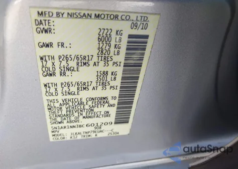 2011 Nissan Pathfinder Sv z USA, uszkodzony, nr VIN 5N1AR1NN3BC601209